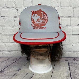 Vintage Trucker Hat Mesh 3 Stripes Cap Snapback Gray Fort McMurray Snow Down '91